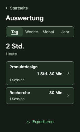 Tempo Auswertung mit Tag, Woche, Monat und Jahr sowie Projektsummen
