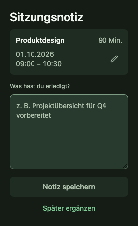 Tempo Editor für eine optionale Sitzungsnotiz mit Später ergänzen