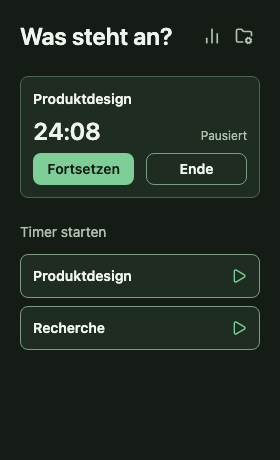 Tempo Startseite mit pausiertem Produktdesign und Fortsetzen