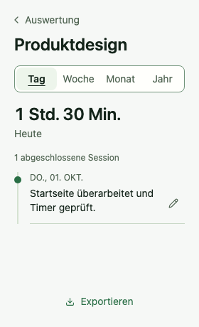 Produktdesign-Verlauf mit einer abgeschlossenen Session und Aktivitätsnotiz