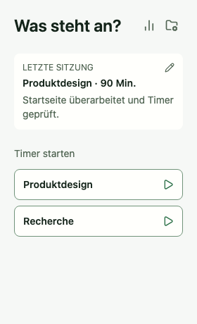 Tempo Startseite mit der letzten Produktdesign-Session und zwei Projekten