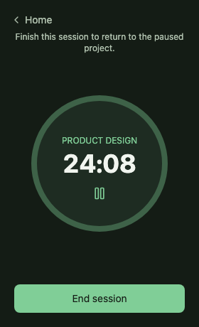 Tempo interruption timer explaining that finishing returns to the paused project