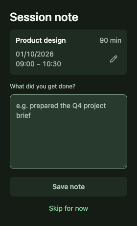 Tempo session note editor with an optional note and Add later action