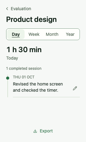 Product design history showing a completed session and its activity note
